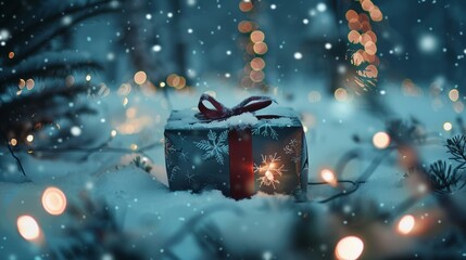 Wall Mural - A black box with a red ribbon sits on top of a snowy ground. The box is decorated with snowflakes and a bow. The scene is set in a winter wonderland, with the snow-covered ground