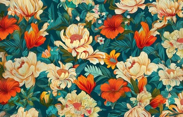 Wall Mural - a vibrant floral pattern with large cream flowers, orange blossoms, and teal leaves.