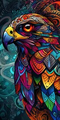 Sticker - Hawk head in conceptual art with vibrant tribal patterns.