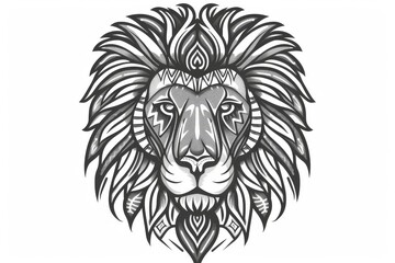 Wall Mural - Lion head with tribal ornaments in simple line art.