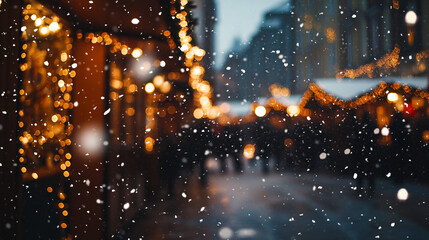 snowy night cityscape with warm lights and bokeh blur