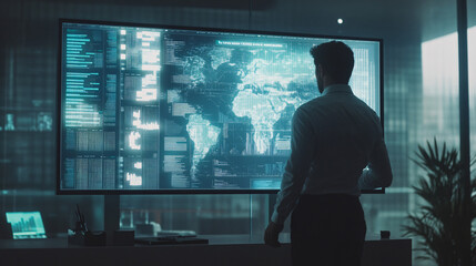silhouette of businessman looking at world map data screen in modern office at night
