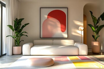 modern living room, minimalist design, white couch, abstract art, colorful decor, indoor plants, bright lighting, contemporary furniture, artwork with red and pink shapes, geometric rug, cozy interior