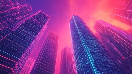 Poster - Abstract geometric layout of synthwave-inspired skyscrapers.