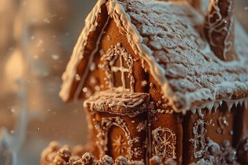 closeup of a gingerbread house with icing and powdered sugar decorated with white icing in a winter wonderland setting