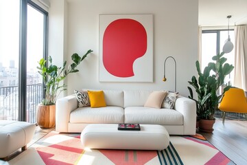 modern living room, minimalist design, white couch, abstract art, colorful decor, indoor plants, bright lighting, contemporary furniture, artwork with red and pink shapes, geometric rug, cozy interior