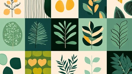 geometric nature icons, minimal green shapes, abstract leaf patterns, bauhaus-inspired design, flat vector art, organic forms, tessellating tiles