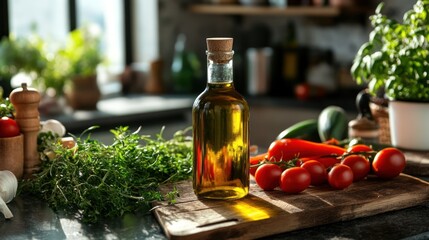 A bottle of organic, eco-friendly cooking oil made from sustainably sourced olives, placed on a rustic kitchen counter with fresh vegetables and herbs