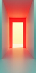 Poster - A hallway with a red door and a yellow light shining through it