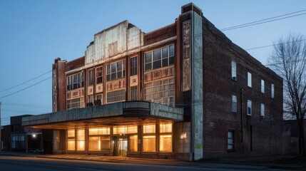 A rundown cinema being renovated into a boutique hotel, where adaptive reuse construction blends the classic theater architecture with contemporary design