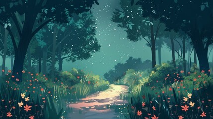 Sticker - A forest scene with a path through it. The path is lined with flowers and trees