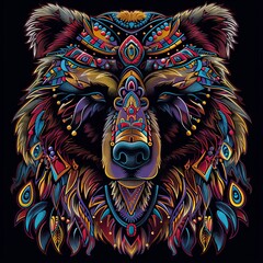 Bear head with bright tribal decorations illustrated by a male artist.