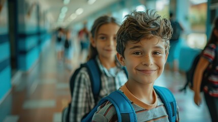 Poster - A smiling boy with a backpack walks down a hallway. AI.