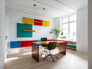 A minimalist Scandinavian office space with vibrant multicolored accents, a sleek wooden desk