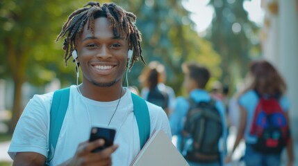 Canvas Print - A young man smiles while listening to music and using his phone. AI.