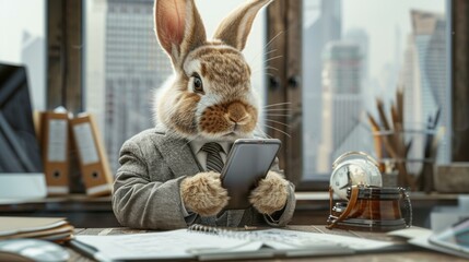 Sticker - A rabbit in a suit working at a desk. AI.