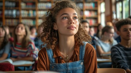 Poster - A young woman sits in a classroom, listening attentively. AI.