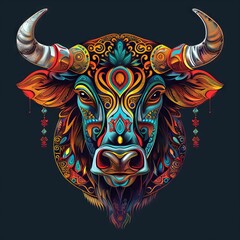 Poster - Bull head with vibrant tribal patterns.