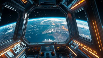 Wall Mural - A spaceship window frames a view of Earth from space, showcasing a vibrant blue planet against a backdrop of twinkling stars