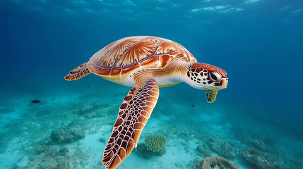 A beautiful sea turtle swimming gracefully in clear blue ocean waters, showcasing its vibrant shell and serene presence among coral reefs and marine life.