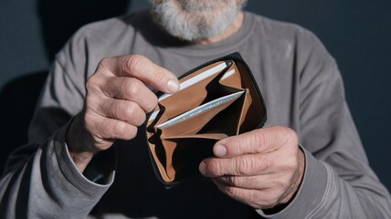 Empty wallet held by an elderly person, highlighting financial struggles.