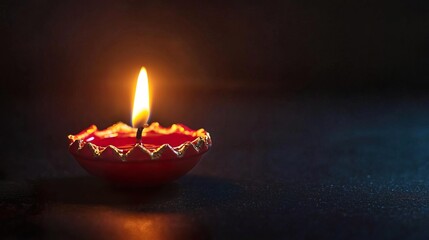 Diwali, the Hindu festival of lights, is celebrated with a diya oil lamp glowing against a dark background..