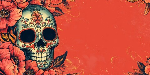 Wall Mural - Colorful sugar skull with intricate floral patterns, celebrating Dia de los Muertos on a vivid red background.