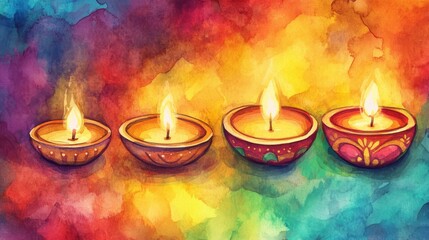 Wall Mural - Diwali decorations in a vibrant watercolor style