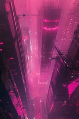 Wall Mural - High-angle perspective of a futuristic skyscraper in a synthwave city.