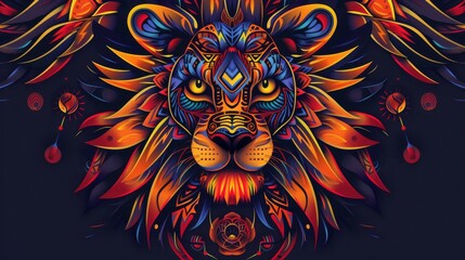 Lion head with vibrant tribal decorations depicted realistically.