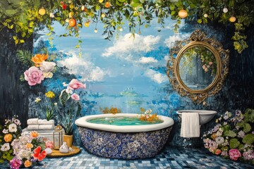 Poster - A painting of a bathroom with a large blue bathtub and a mirror