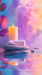 Poster - A candle is lit on a rock in a body of water. The water is calm and the candle is the only light source. The scene is serene and peaceful