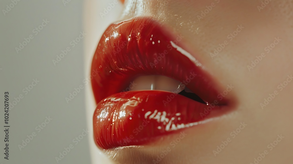 A close-up of a model's lips with a glossy red lipstick applied ...