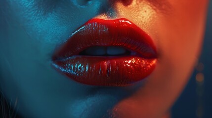 A close-up of a model's lips with a glossy red lipstick applied, highlighting the smooth texture and vibrant color on a clean background. 8k UHD, suitable for high-quality printing or digital 