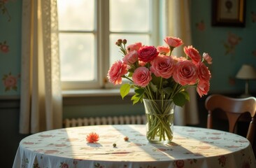 background with a bouquet of spring flowers in a vase against a window with a blooming garden visible behind it. The flowers are done in soft pastel colors, creating a feeling of coziness and warmth