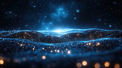 Wall Mural - abstract blue and gold background with glowing particles and a distant light.
