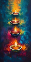 Sticker - A painting of four lit candles in bowls with a blue background. The painting has a warm and cozy feeling to it, with the candles representing a sense of comfort and relaxation