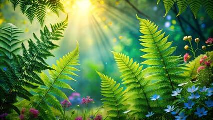 Sticker - Sunlight filtering through lush ferns, casting a vibrant glow on a carpet of delicate blossoms