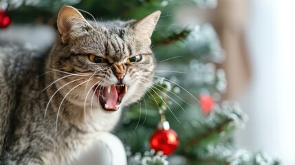 Wall Mural - A cat growls at a Christmas tree. AI.