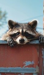 Wall Mural - A raccoon peeks over the edge of a surface. AI.