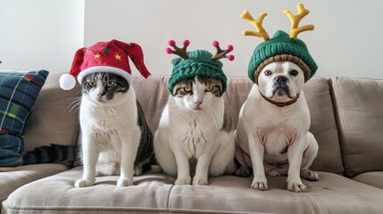 Poster - Three pets in festive hats. AI.