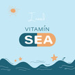 © naum - Cartoon style summer design for season postcard or poster background. I need vitamin sea. Exotic beach with sun, shells and sand. Motivational banner.