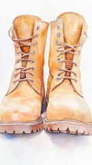 Watercolor of A Pair of light brown winter boots on the snow in a snowdrift and Northern Lights,Hiking Boot in winter season,fashion for sale,sparkling in the winter sun,Camping boot footwear.