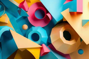 Wall Mural - A colorful abstract piece of art with many different shapes and sizes. The colors are bright and the shapes are irregular. Scene is playful and whimsical