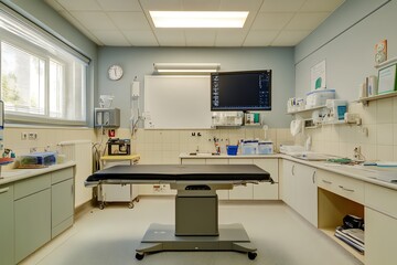 Modern veterinary clinic with examination table and medical equipment, ready for pet care procedures under bright lighting.