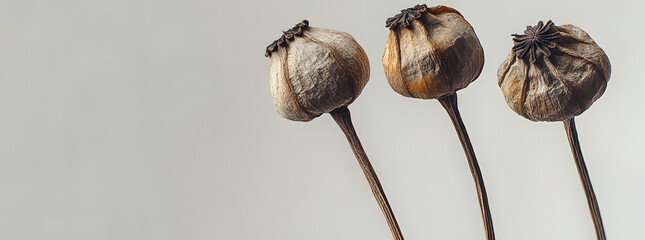 Wall Mural - Banner dried poppy heads on a background.