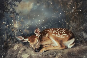 Wall Mural - A serene image of a young fawn resting peacefully in a magical forest setting, surrounded by delicate flowers and soft, ethereal light.