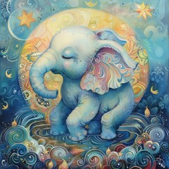 Poster - A painting of a small elephant with its trunk in the water. The elephant is resting and looking up at the sky. The painting has a calming and peaceful mood