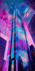 Poster - Artistic representation of a synthwave skyscraper, with a double exposure effect incorporating vibrant cityscapes and abstract patterns.