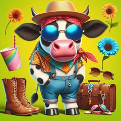 3D Funny Cartoon Cow Character Dressed in Farmer Fashion with Colorful Retro Vintage Hippie Accessories, Set Against a Farmland Background, Perfect for a Creative Party Animal Concept
